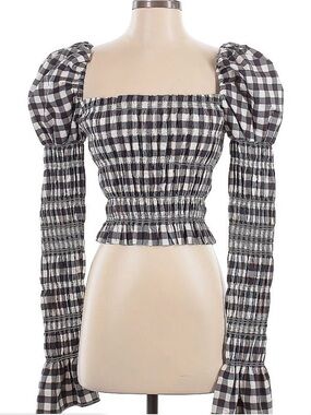 Caroline Constas Black & White Gingham Smocked Puff Sleeve Crop Top